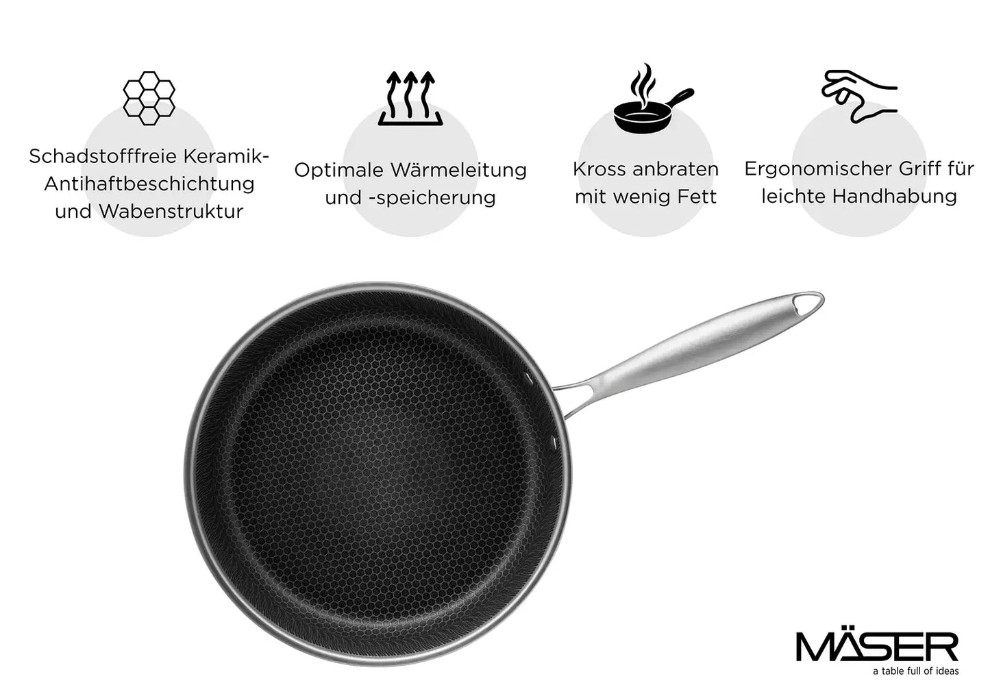 Vulcano Ceramica Bratpfanne, keramikbeschichtet mit Wabenstruktur | Silber / Schwarz | Edelstahl 18/10