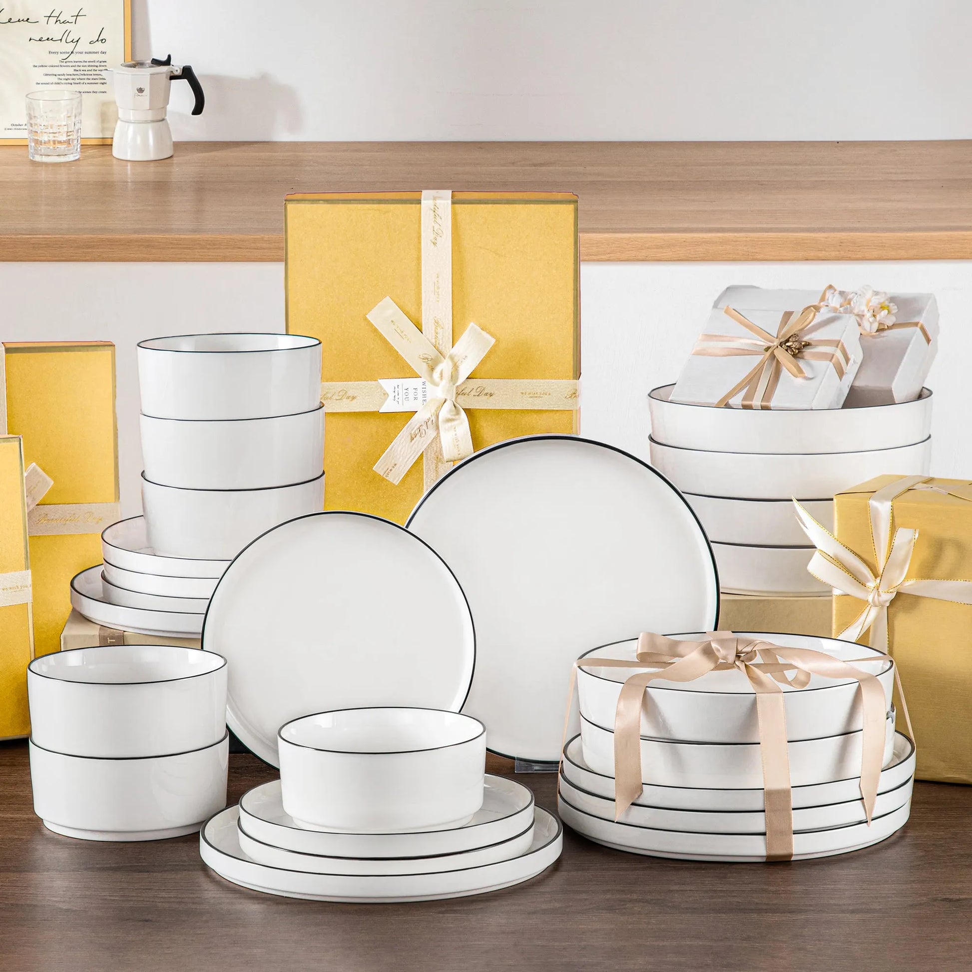 "Ivory" Kollektion | 24/48-tlg. Geschirr Set | Weiß (schwarzer Rand) | Steingut - Töpferkunst | Steingut Geschirrsets