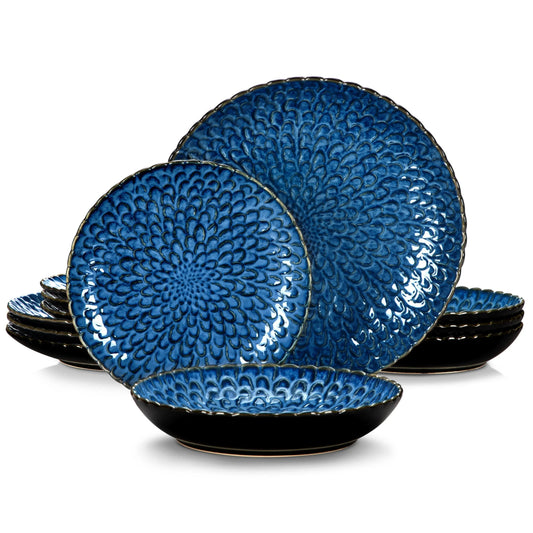 "Flower" Kollektion | Geschirr Set 12/24-tlg. | blau, schwarz | Steingut - Töpferkunst | Steingut Geschirrsets