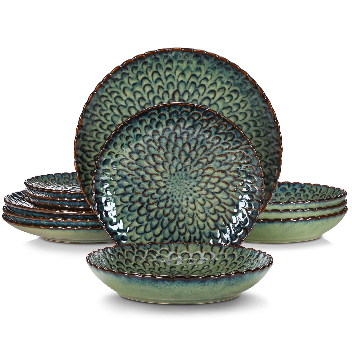 "Flower" Kollektion | Geschirr Set 12/24-tlg. | grün, blau | Steingut - Töpferkunst | Steingut Geschirrsets