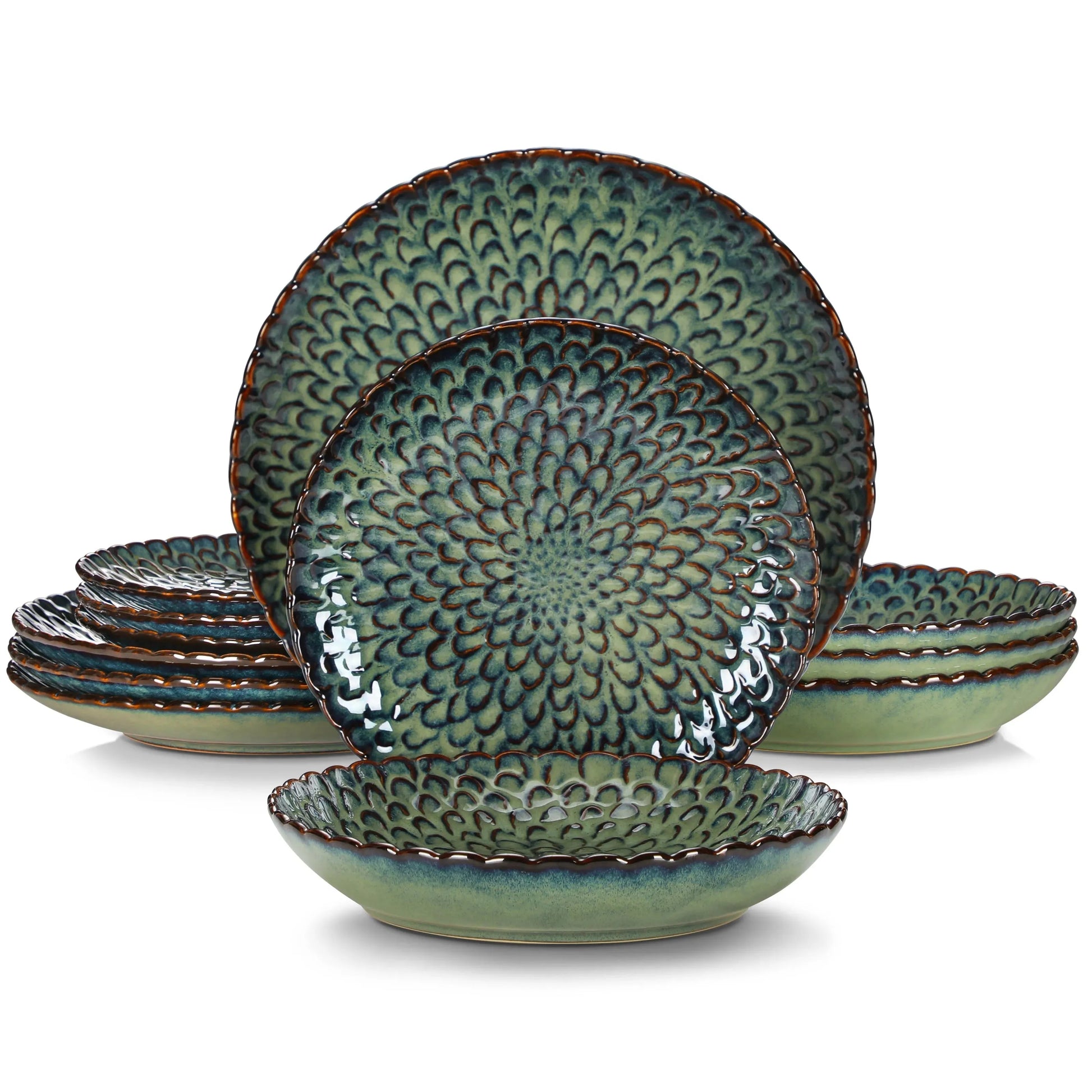 "Flower" Kollektion | Geschirr Set 12/24-tlg. | grün, blau | Steingut - Töpferkunst | Steingut Geschirrsets