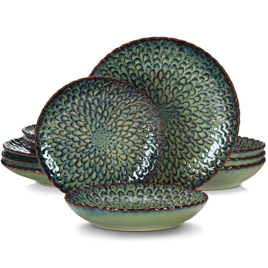 "Flower" Kollektion | Geschirr Set 12/24-tlg. | grün, blau | Steingut - Töpferkunst | Steingut Geschirrsets