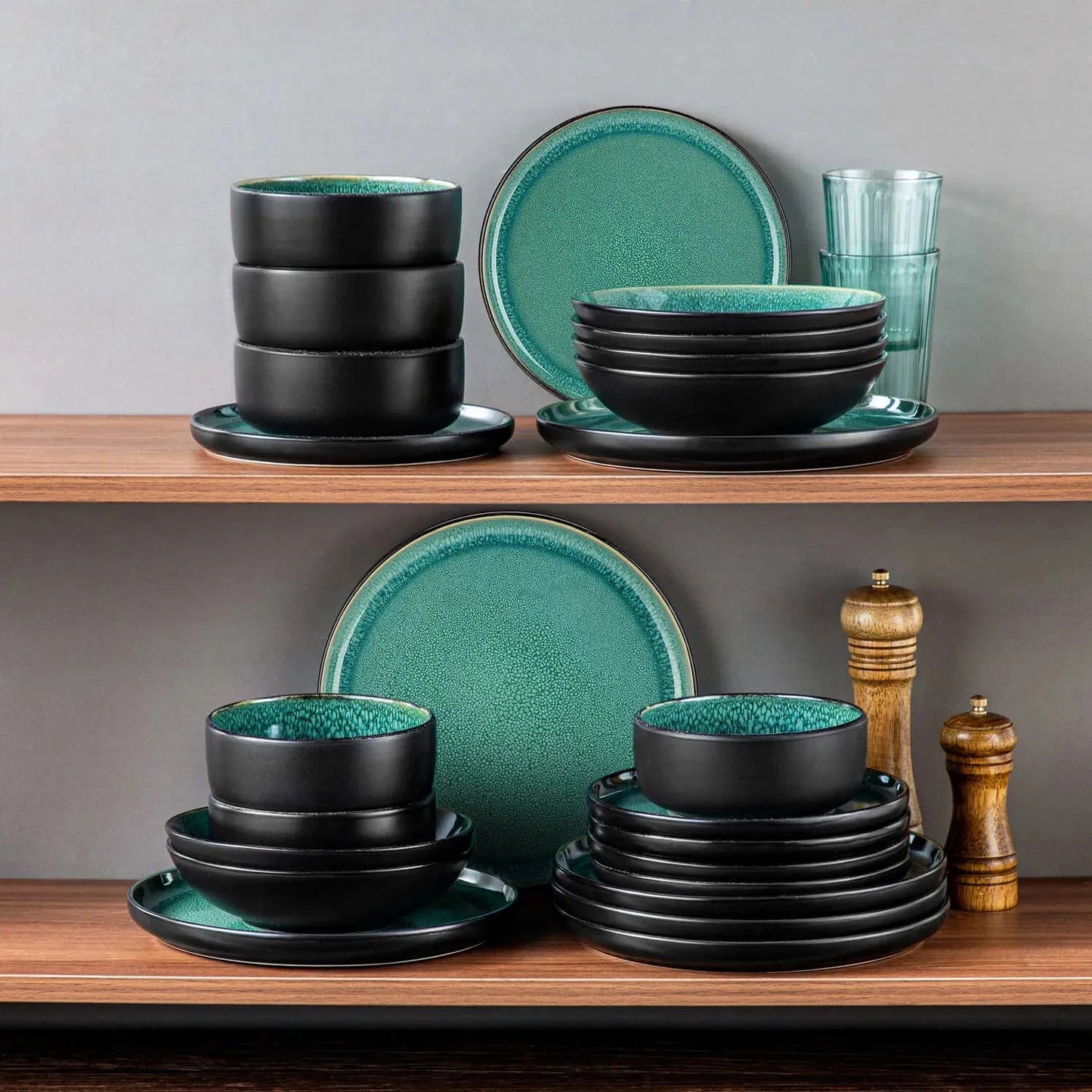 "Chic" Kollektion | 16/24/32-tlg. Geschirr Set | Grün, Schwarz | Steingut - Töpferkunst | Steingut Geschirrsets