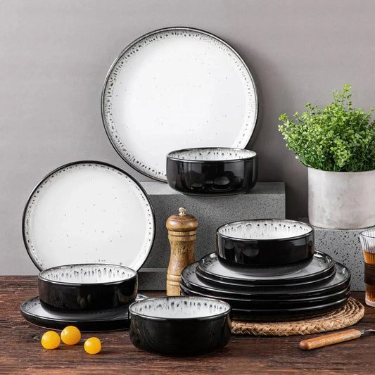 "Chic" Kollektion | 12/18-tlg. Geschirr Set | Weiß, Schwarz | Steingut - Töpferkunst | Steingut Geschirrsets