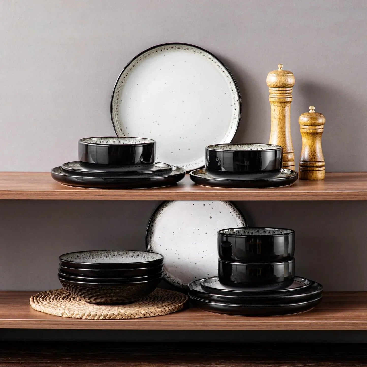 "Chic" Kollektion | 16/24-tlg. Geschirr Set | Weiß, Schwarz | Steingut - Töpferkunst | Steingut Geschirrsets