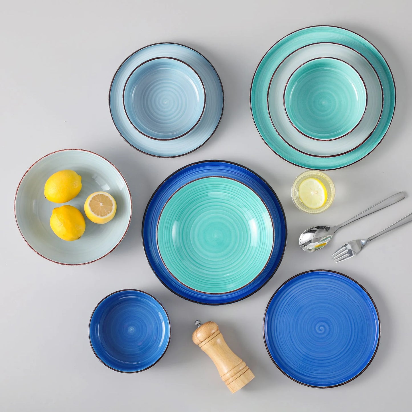 "Circle" Kollektion | 16/32/48-tlg. Geschirr Set | Blautöne | Steingut - Töpferkunst | Steingut Geschirrsets