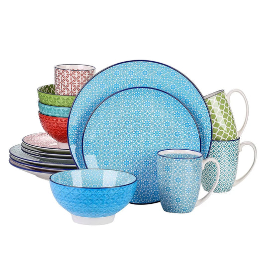 "Japan" Kollektion | Geschirr Set | 16, 32, 48-tlg. | blau, grün, rot | Porzellan - Töpferkunst | Steingut Geschirrsets