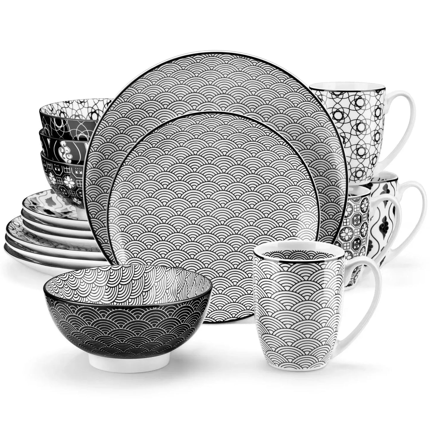 "Japan" Kollektion | Geschirr Set | 16, 32, 48-tlg. | Schwarz, weiß | Porzellan - Töpferkunst | Steingut Geschirrsets