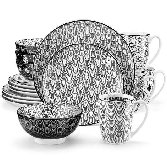 "Japan" Kollektion | Geschirr Set | 16, 32, 48-tlg. | Schwarz, weiß | Porzellan - Töpferkunst | Steingut Geschirrsets