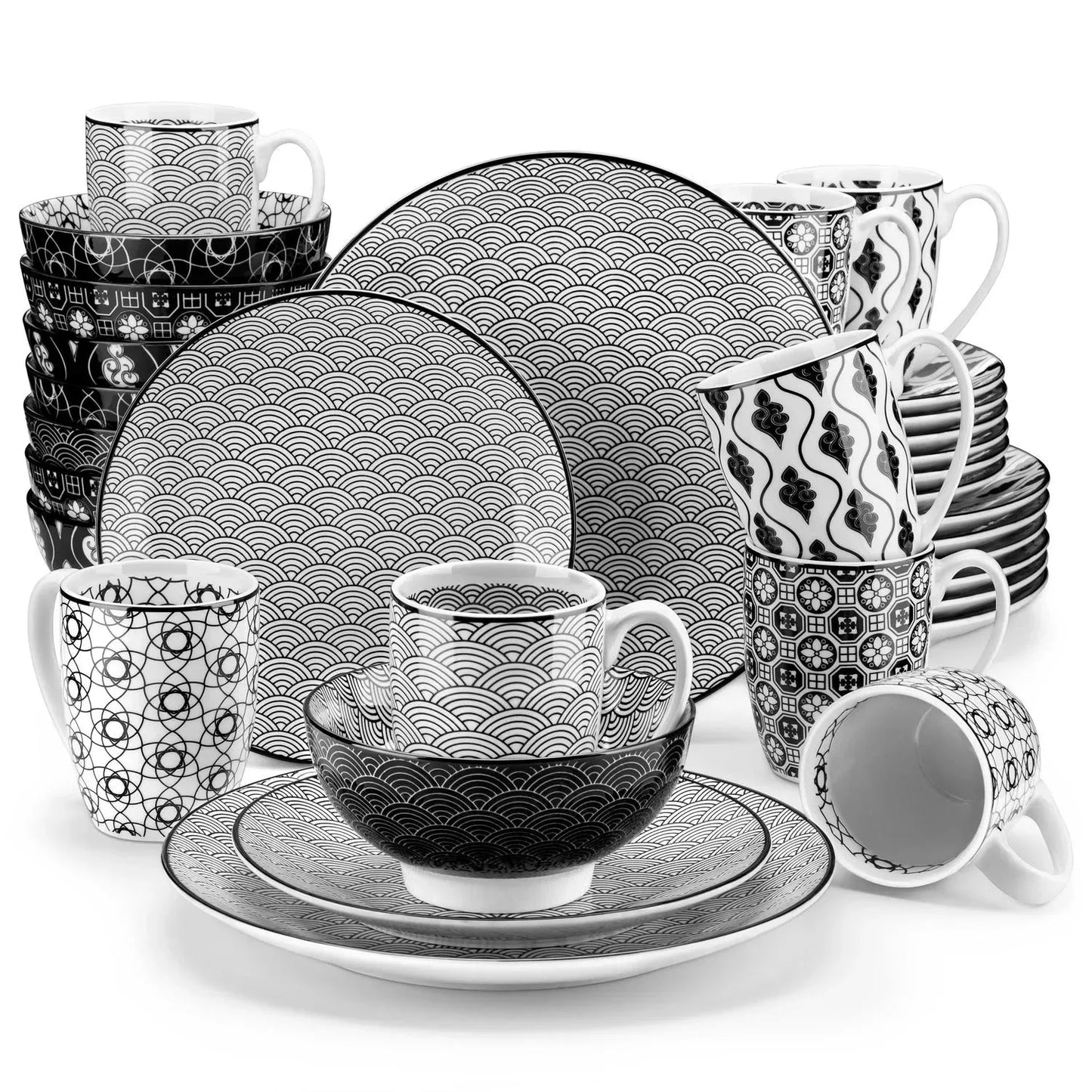 "Japan" Kollektion | Geschirr Set | 16, 32, 48-tlg. | Schwarz, weiß | Porzellan - Töpferkunst | Steingut Geschirrsets