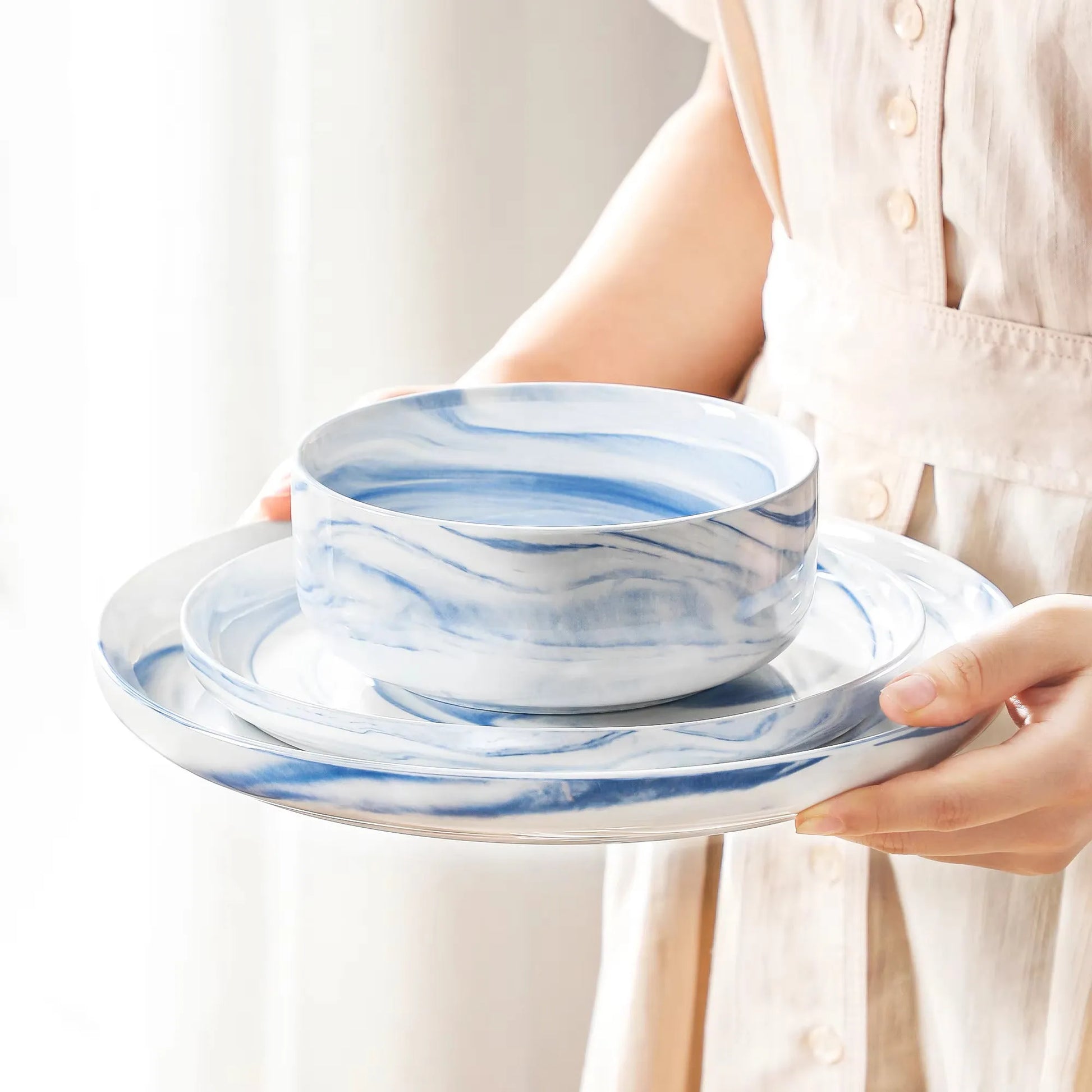 "Nordic" Kollektion | Geschirr Set 18/36-tlg. | Weiß, blau | Porzellan - Töpferkunst | Steingut Geschirrsets