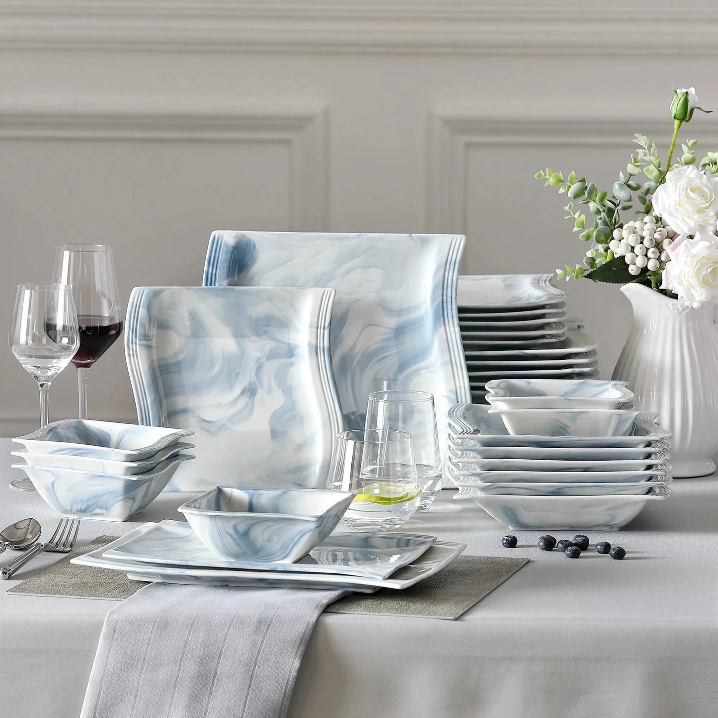 "Nordic" Kollektion | Geschirr Set 26-tlg. | weiß-blau | Porzellan - Töpferkunst | Steingut Geschirrsets