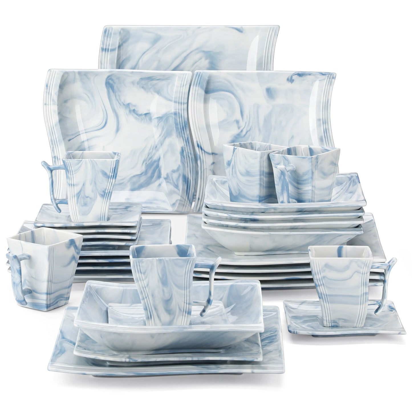 "Nordic" Kollektion | Geschirr Set 30-tlg. | weiß-blau | Porzellan - Töpferkunst | Steingut Geschirrsets