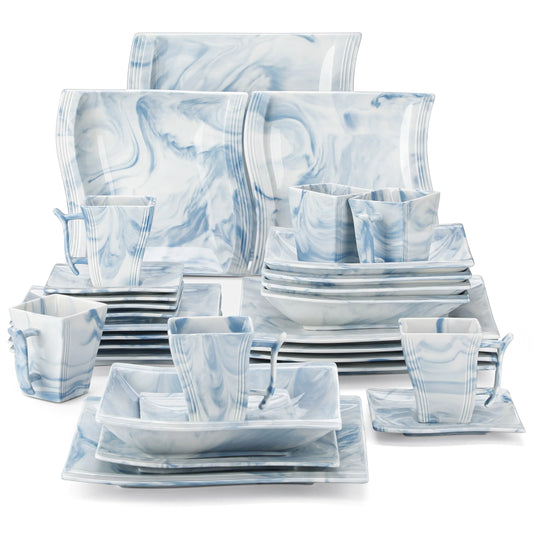 "Nordic" Kollektion | Geschirr Set 60-tlg. | weiß-blau | Porzellan - Töpferkunst | Steingut Geschirrsets