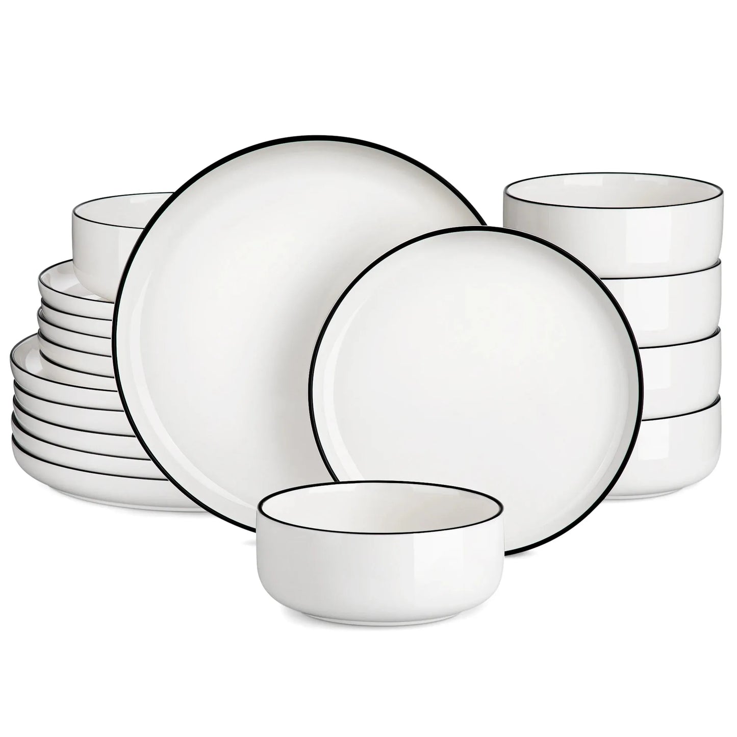 "Nordic" Kollektion | Geschirr Set 18/36-tlg. | Weiß (schwarzer Rand) | Porzellan - Töpferkunst | Steingut Geschirrsets
