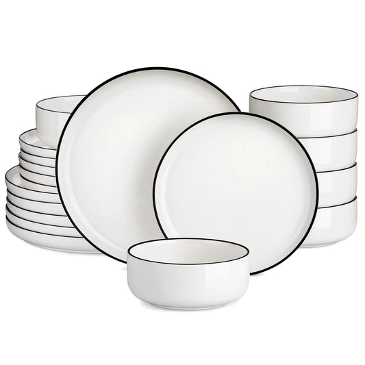"Nordic" Kollektion | Geschirr Set 18/36-tlg. | Weiß (schwarzer Rand) | Porzellan - Töpferkunst | Steingut Geschirrsets