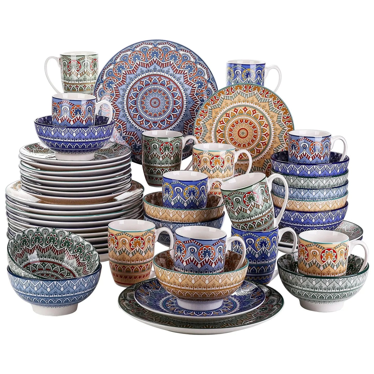 "Mandala" Kollektion | Geschirr Set 16/32/48-tlg. | bunt | Porzellan - Töpferkunst | Steingut Geschirrsets