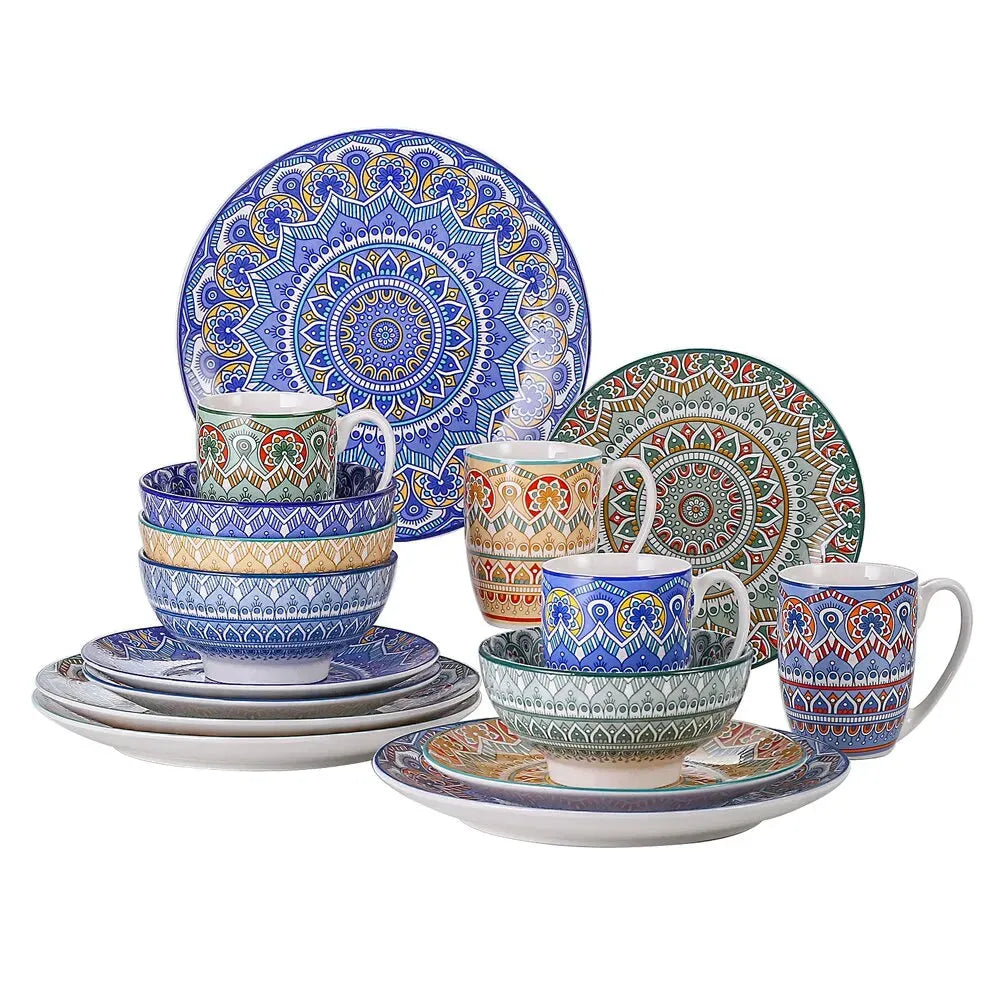 "Mandala" Kollektion | Geschirr Set 16/32/48-tlg. | bunt | Porzellan - Töpferkunst | Steingut Geschirrsets