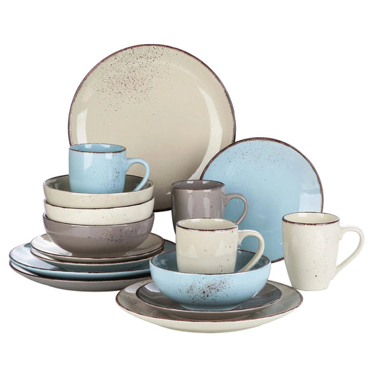 "Retro" Kollektion | Geschirr Set 16/32/48-tlg. | Blau, grau Mix | Steingut - Töpferkunst | Steingut Geschirrsets