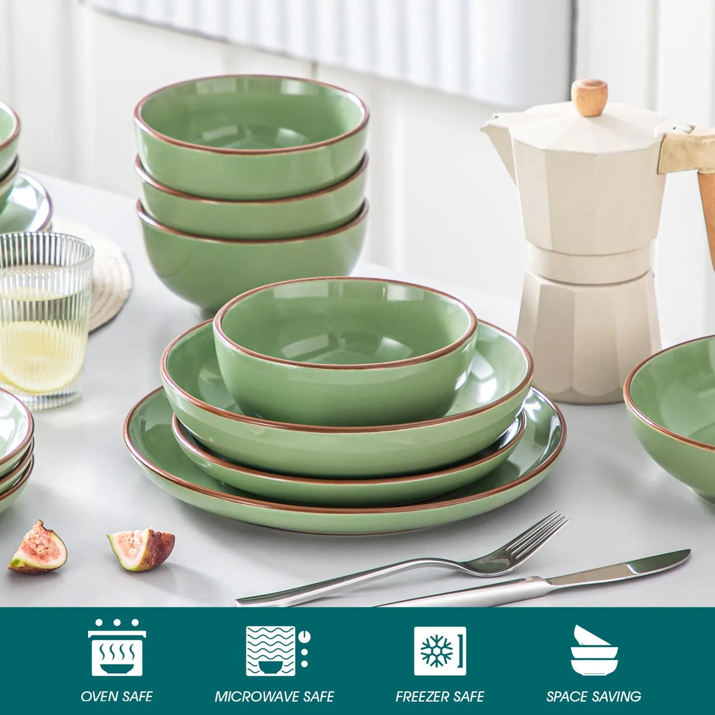 "Sereno" Kollektion | Geschirr Set 16/32/48-tlg. | grün | Steingut - Töpferkunst | Steingut Geschirrsets