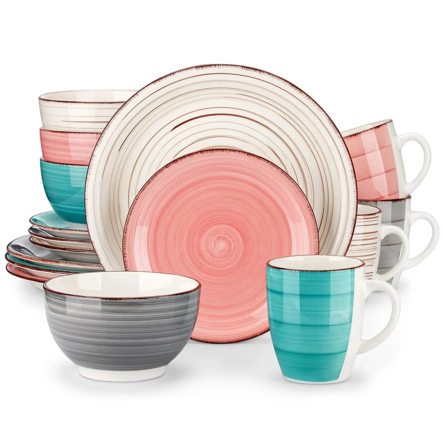 "Spiral" Kollektion | 16/32/48-tlg. Geschirr Set | Bunt, Beige, Grau, rot, Türkis | Steingut - Töpferkunst | Steingut Geschirrsets