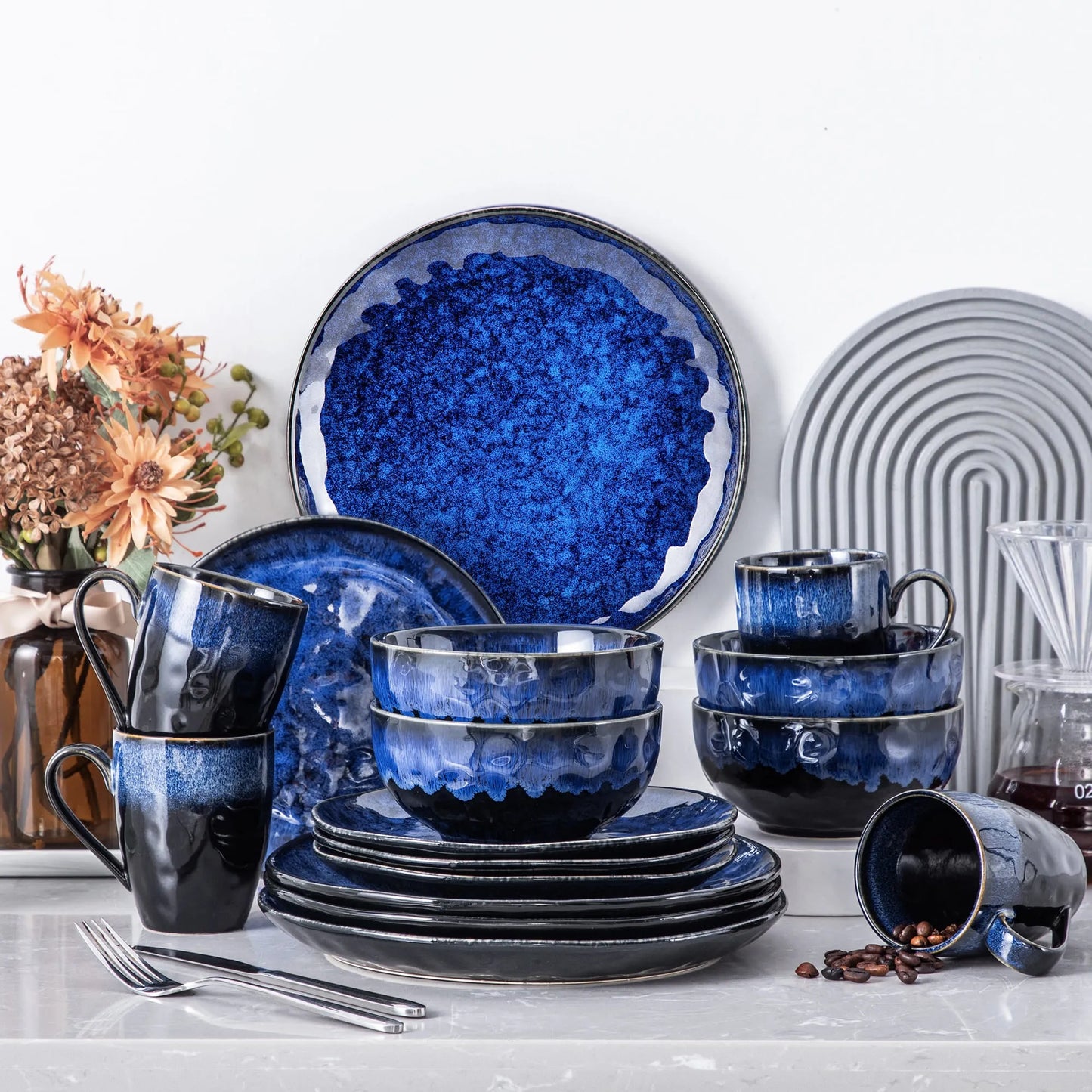 "Color" Kollektion | 16/32/48-tlg. Geschirr Set | Blau | Steingut - Töpferkunst | Steingut Geschirrsets
