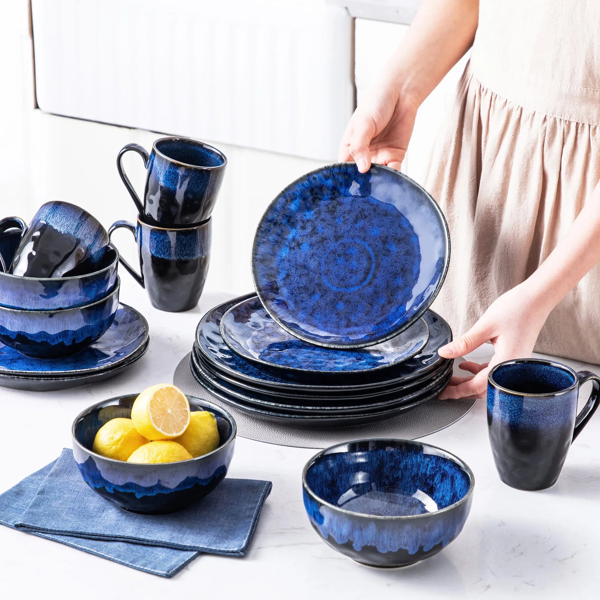 "Color" Kollektion | 16/32/48-tlg. Geschirr Set | Blau | Steingut - Töpferkunst | Steingut Geschirrsets