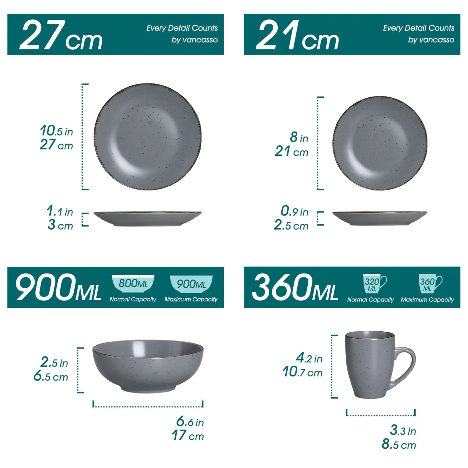 "Vintage" Kollektion | 16/32/48-tlg. Geschirr Set | Grau | Steingut - Töpferkunst | Steingut Geschirrsets