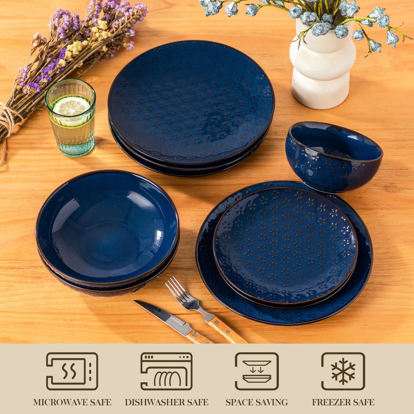 "Zen" Kollektion | 16/32/48-tlg. Geschirr Set | Blau | Steingut - Töpferkunst | Steingut Geschirrsets