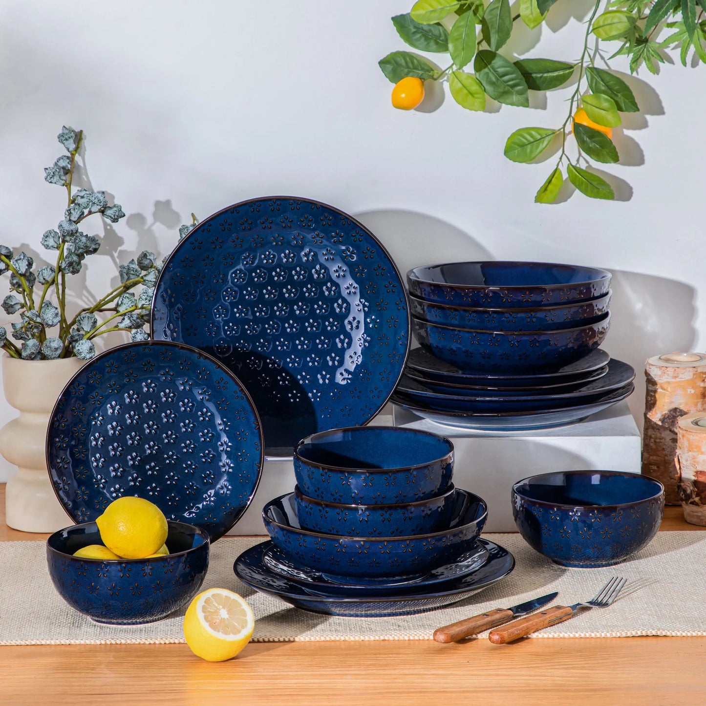 "Zen" Kollektion | 16/32/48-tlg. Geschirr Set | Blau | Steingut - Töpferkunst | Steingut Geschirrsets