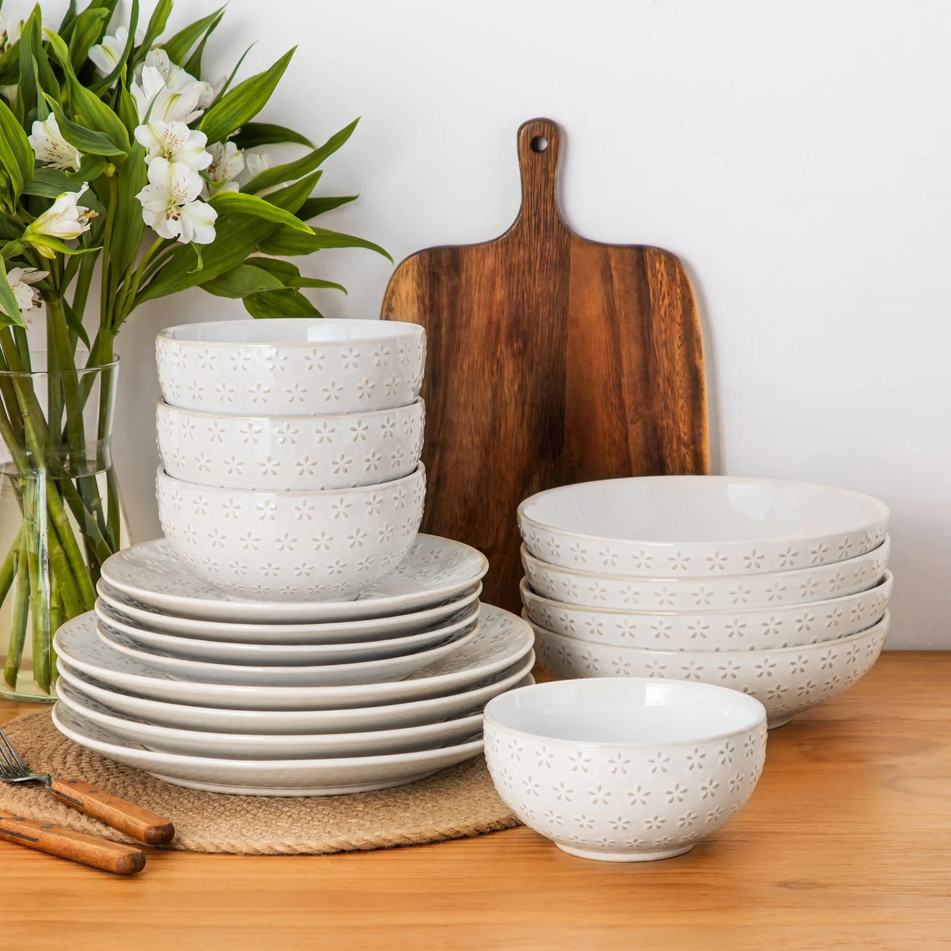 "Zen" Kollektion | 16/32/48-tlg. Geschirr Set | Weiß | Steingut - Töpferkunst | Steingut Geschirrsets