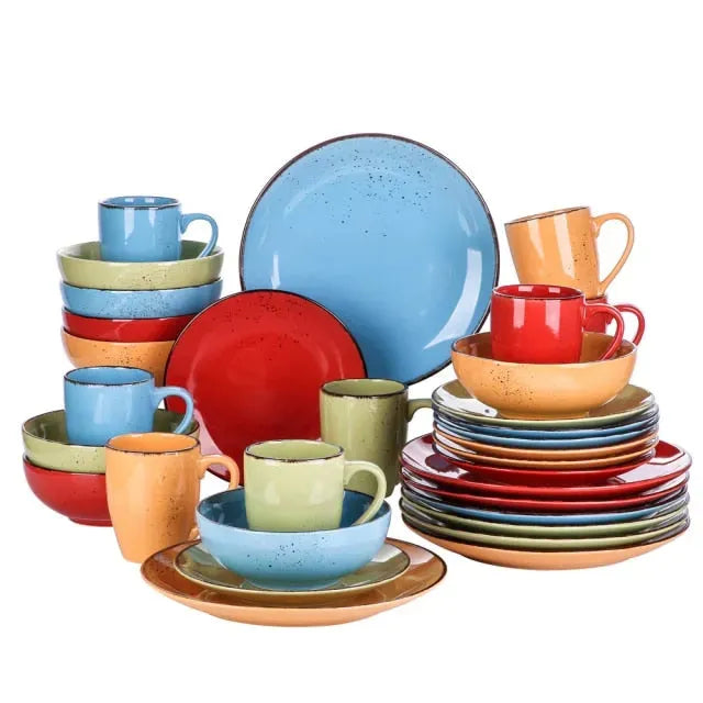 "Retro" Kollektion | Geschirr Set 16/32/48-tlg. | bunt | Steingut - Töpferkunst | Steingut Geschirrsets