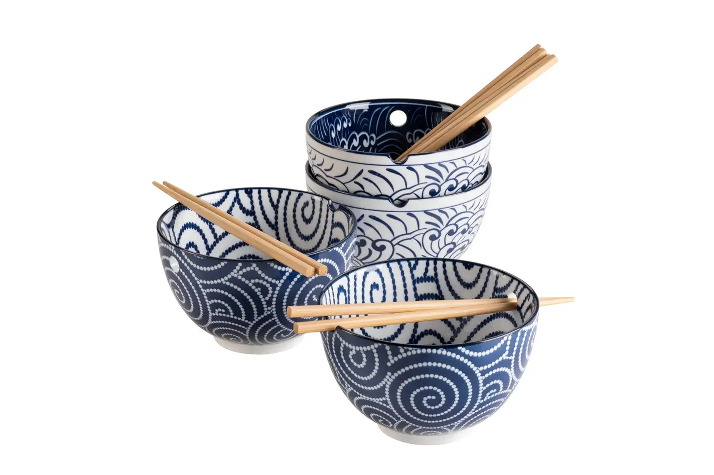 Kyoto Schüsselset "Culinary Delight", mit Essstäbchen, 2 Dekore | 8-tlg. | Blau | Porzellan