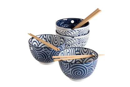 Kyoto Schüsselset "Culinary Delight", mit Essstäbchen, 2 Dekore | 8-tlg. | Blau | Porzellan