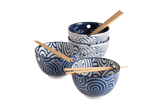 Kyoto Schüsselset "Culinary Delight", mit Essstäbchen, 2 Dekore | 8-tlg. | Blau | Porzellan