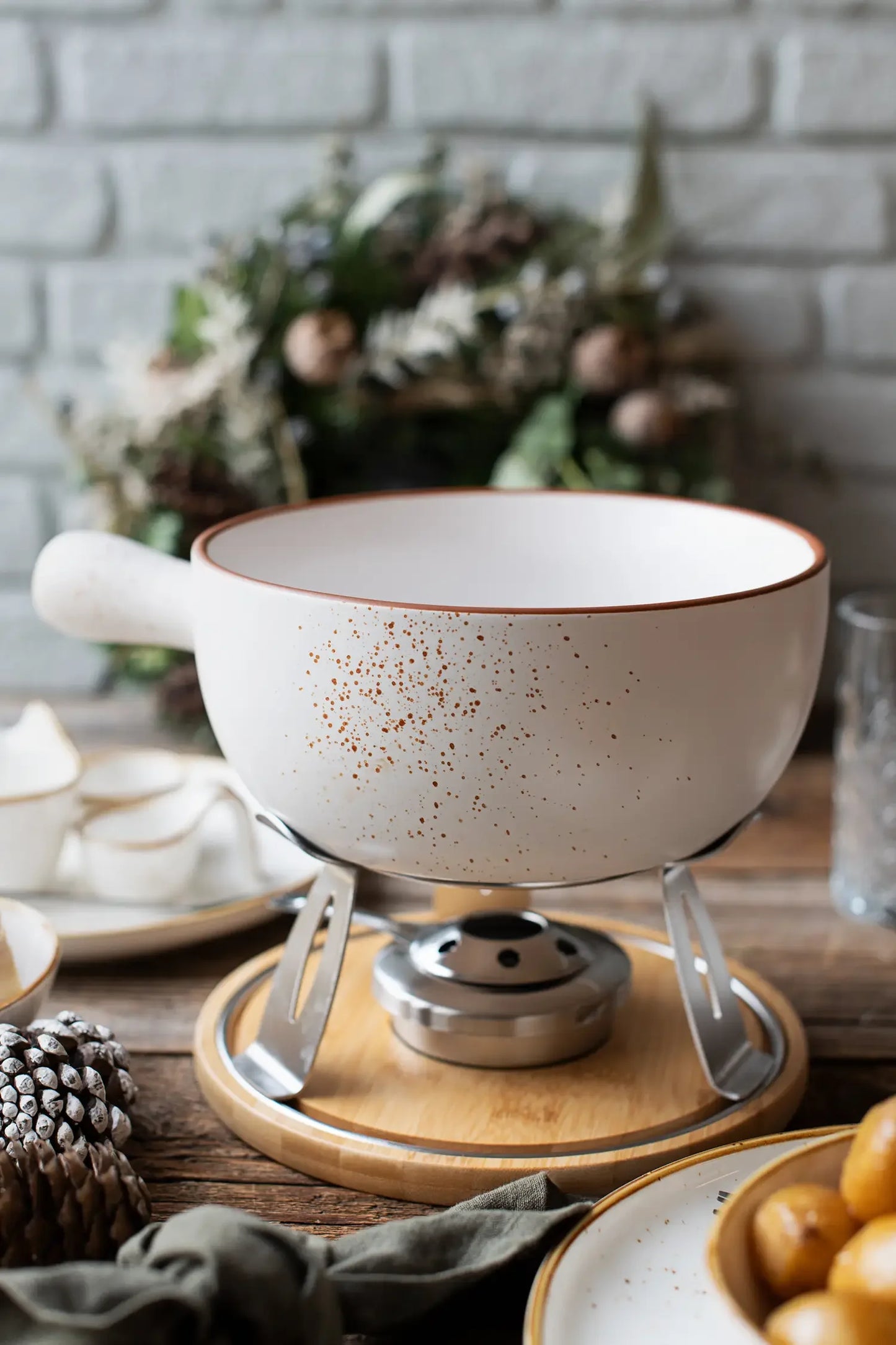 Service à fondue Riviera pour 6 personnes | 10 pièces | Blanc / Marron | Faïence