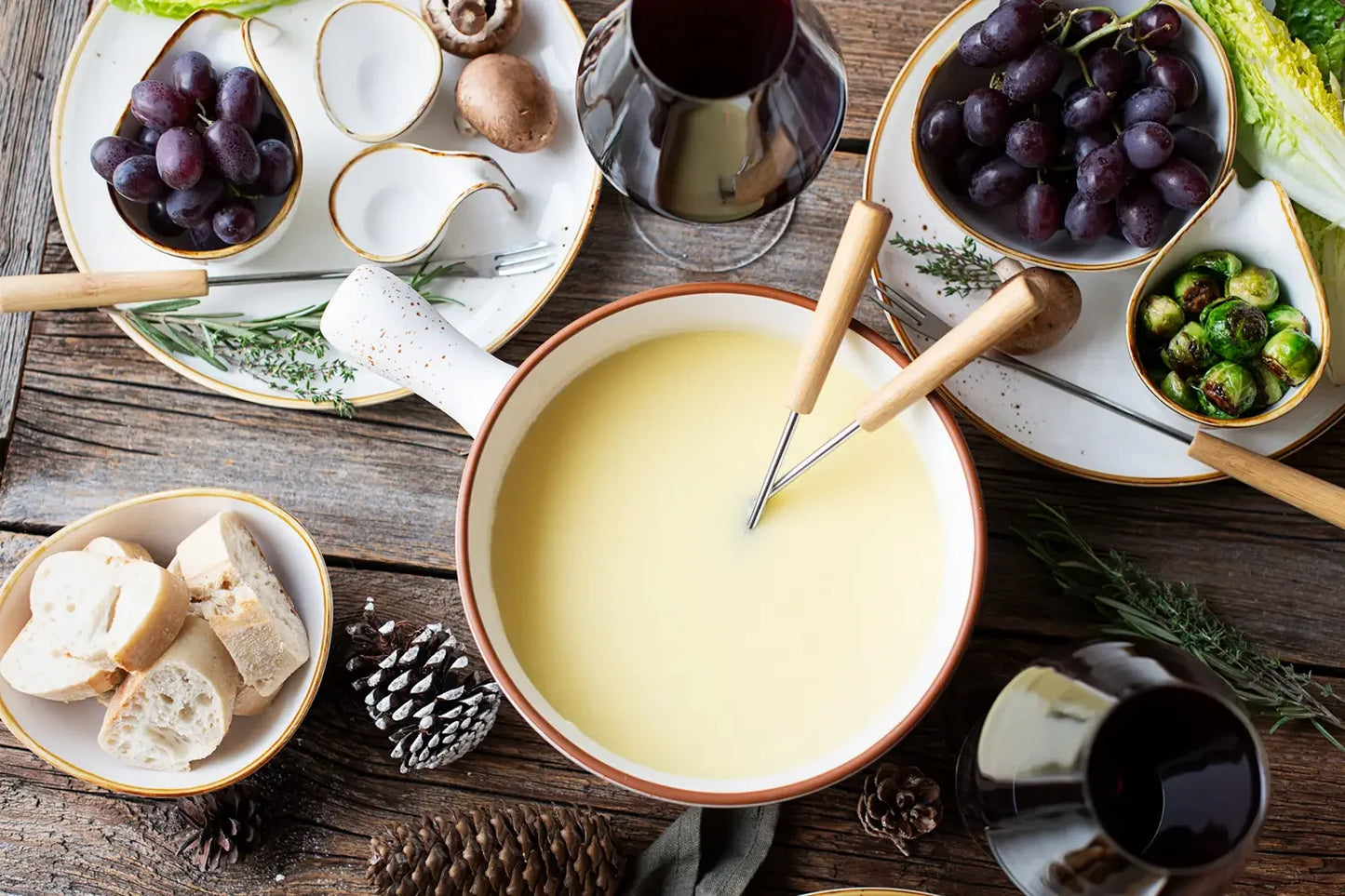 Service à fondue Riviera pour 6 personnes | 10 pièces | Blanc / Marron | Faïence