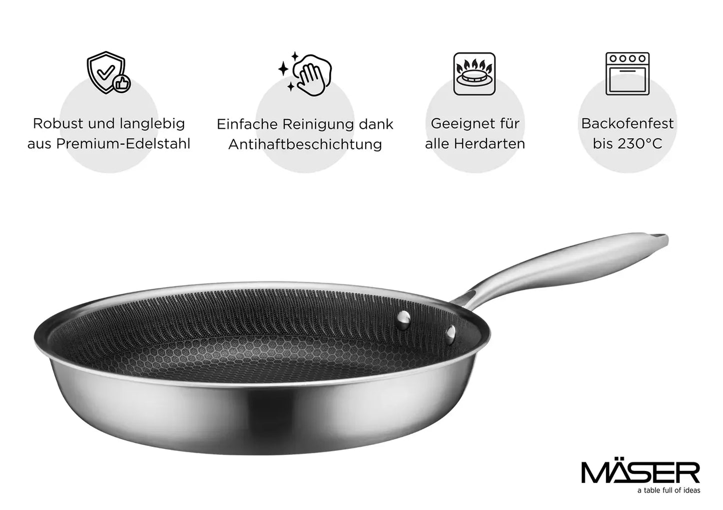Vulcano Ceramica Bratpfanne, keramikbeschichtet mit Wabenstruktur | Silber / Schwarz | Edelstahl 18/10
