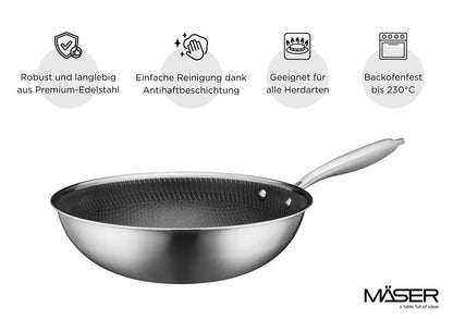 Vulcano Ceramica Wok, keramikbeschichtet mit Wabenstruktur | Silber / Schwarz | Edelstahl 18/10