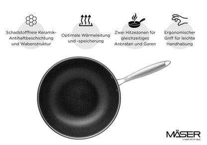 Vulcano Ceramica Wok, keramikbeschichtet mit Wabenstruktur | Silber / Schwarz | Edelstahl 18/10