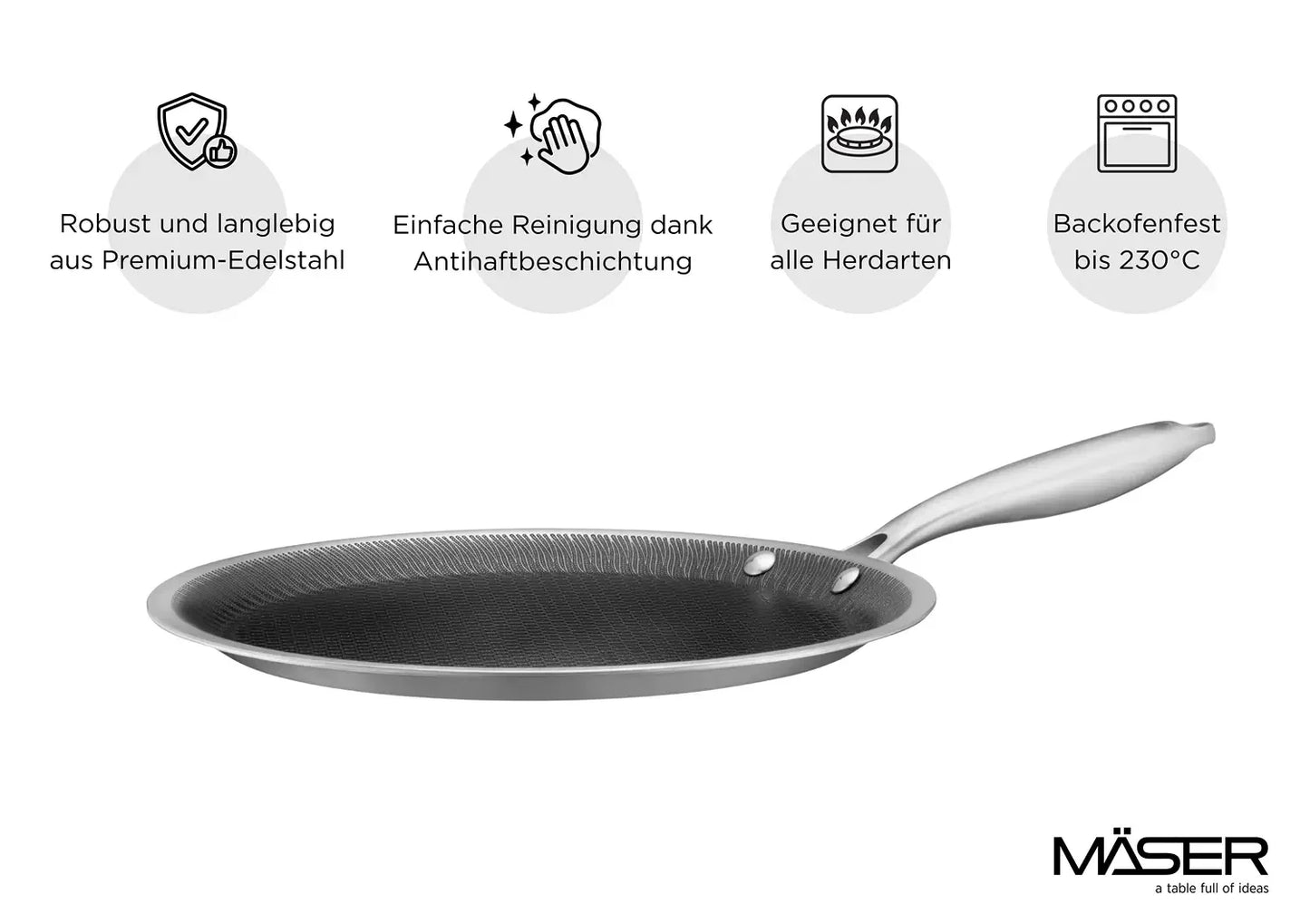 Vulcano Ceramica Crêpe Pan, ceramic-coated with honeycomb structure | Silver / Black | 18/10 Stainless Steel