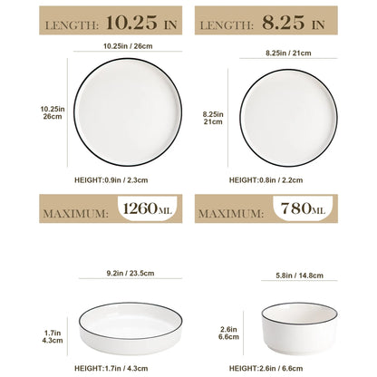 "Ivory" Kollektion | 24/48-tlg. Geschirr Set | Weiß (schwarzer Rand) | Steingut - Töpferkunst | Steingut Geschirrsets