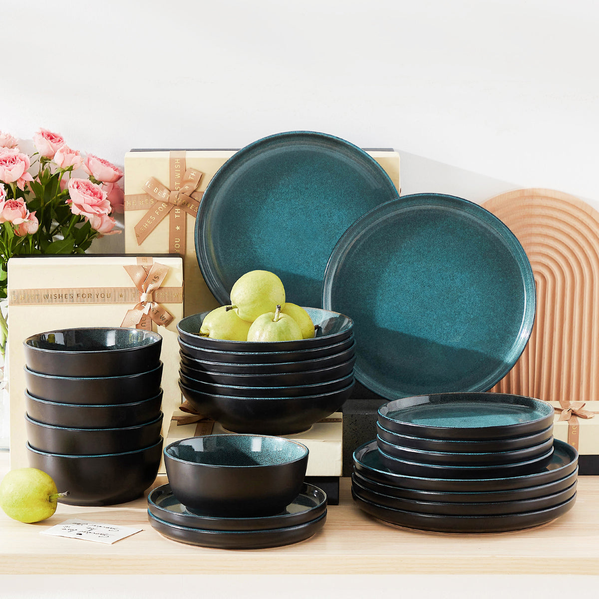 Chic Geschirr-Set 24-teilig, Petrol/Schwarz – Steingut