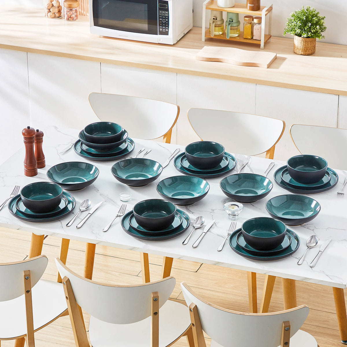 Chic Geschirr-Set 24-teilig, Petrol/Schwarz – Steingut