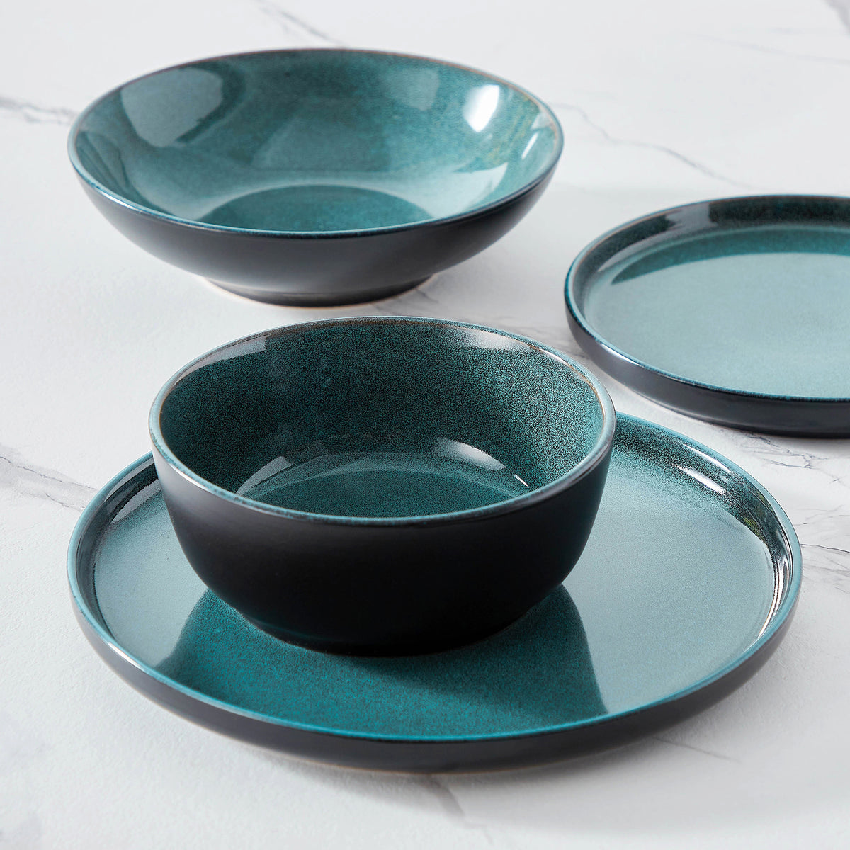 Chic Geschirr-Set 24-teilig, Petrol/Schwarz – Steingut