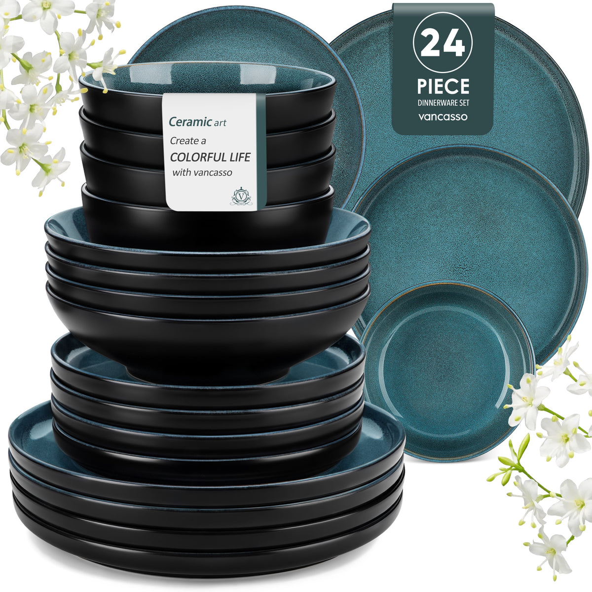 Chic Geschirr-Set 24-teilig, Petrol/Schwarz – Steingut