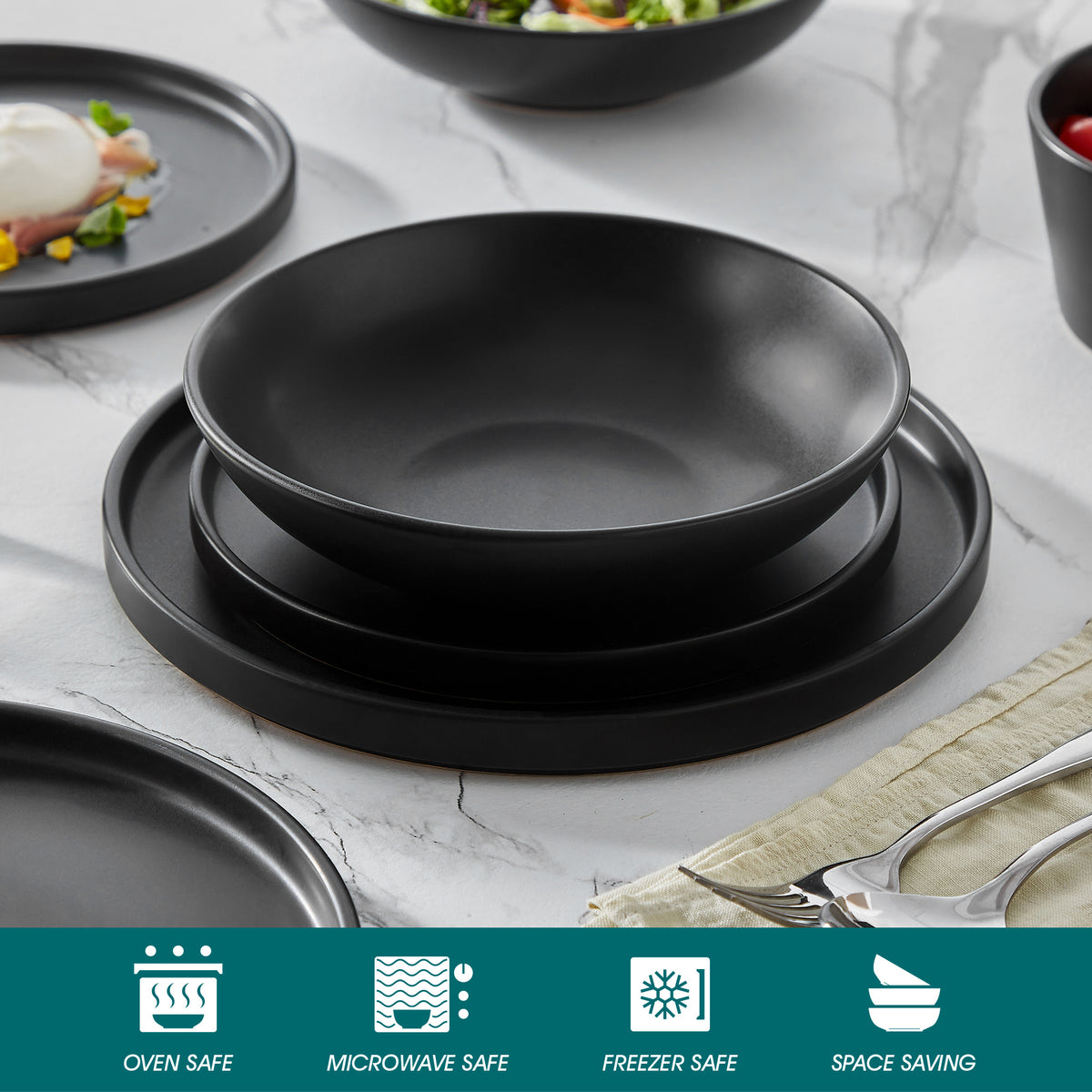 Chic Geschirr-Set 24-teilig, Schwarz – Steingut