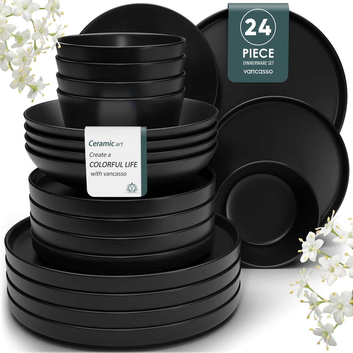 Chic Geschirr-Set 24-teilig, Schwarz – Steingut