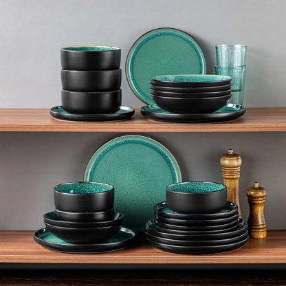 "Chic" Kollektion | 16/24/32-tlg. Geschirr Set | Grün, Schwarz | Steingut - Töpferkunst | Steingut Geschirrsets