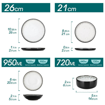 "Chic" Kollektion | 16/24-tlg. Geschirr Set | Weiß, Schwarz | Steingut - Töpferkunst | Steingut Geschirrsets